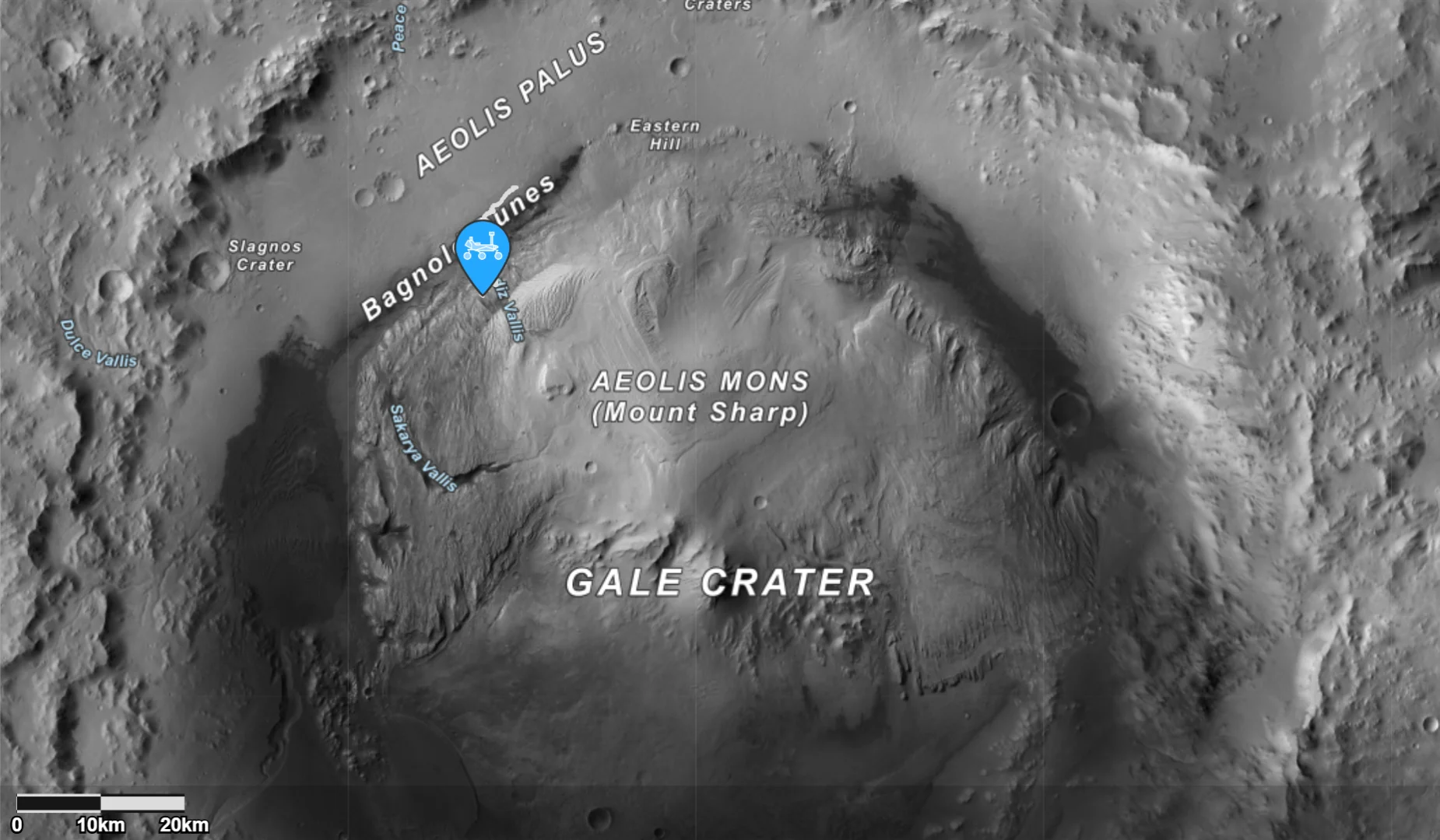 Satelitní snímek kráteru Gale a pozice vozítka Curiosity