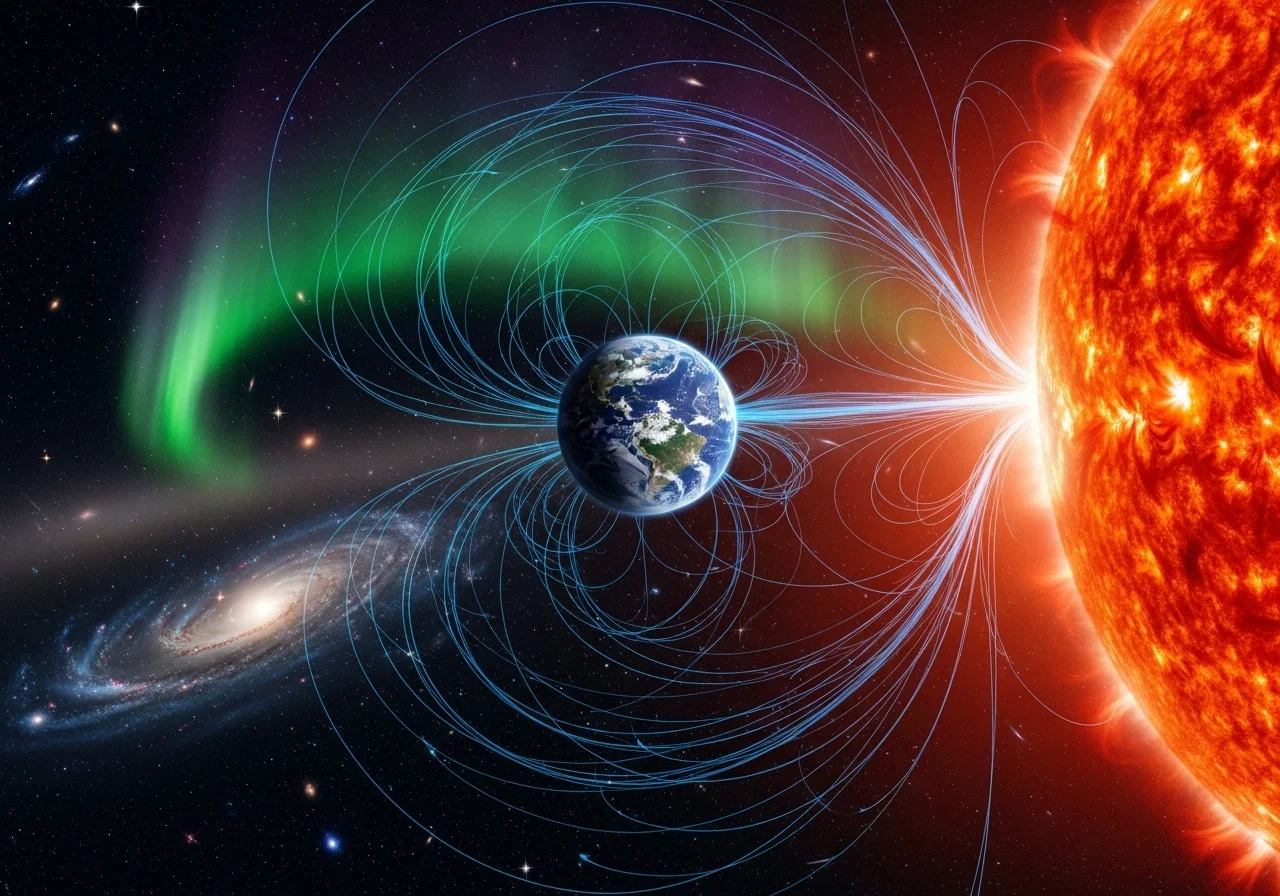 Epické vesmírné panorama zobrazuje Slunce se sluneční erupcí, Zemi chráněnou magnetickým polem s polární září.