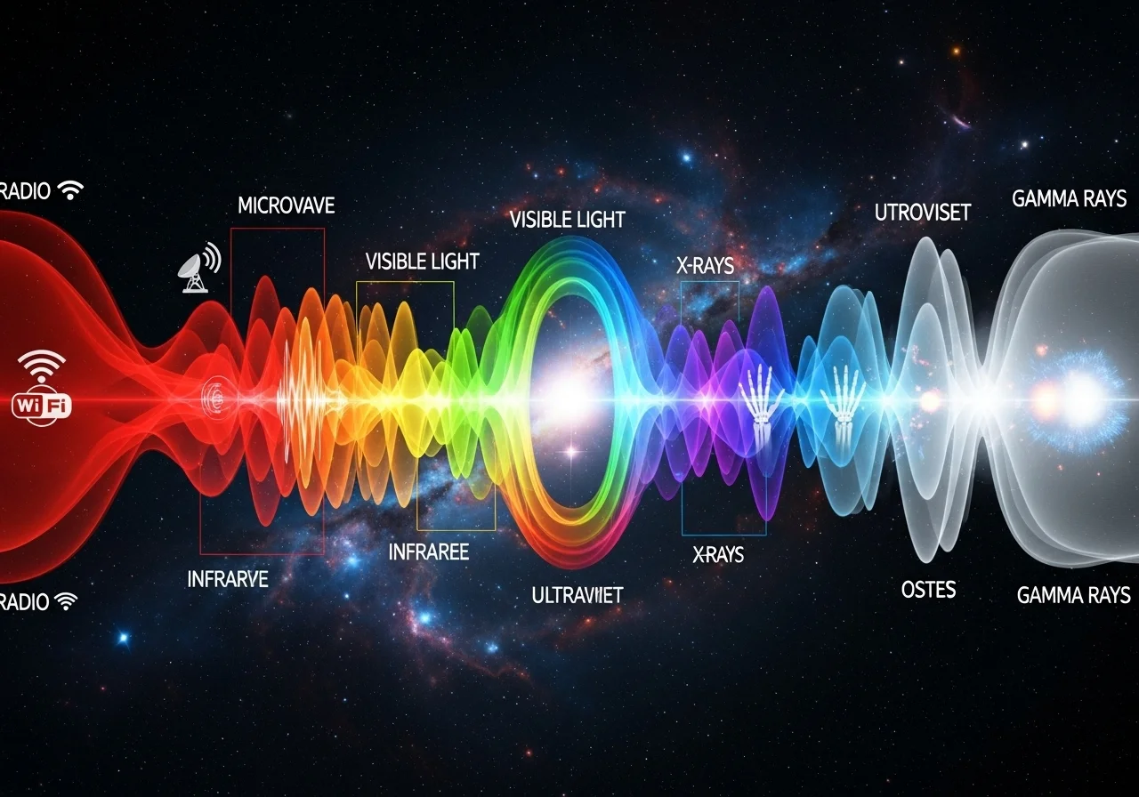 Vizualizace elektromagnetického spektra, kde se z centrálního bodu rozvíjí světelná stuha různých vlnových délek a barev.