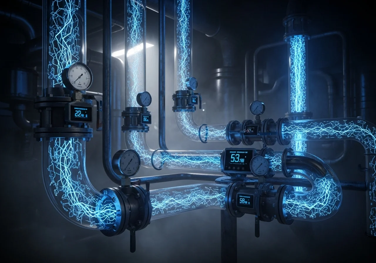 Ilustrace představující elektřinu jako proudící modré částice v komplexním potrubním systému,