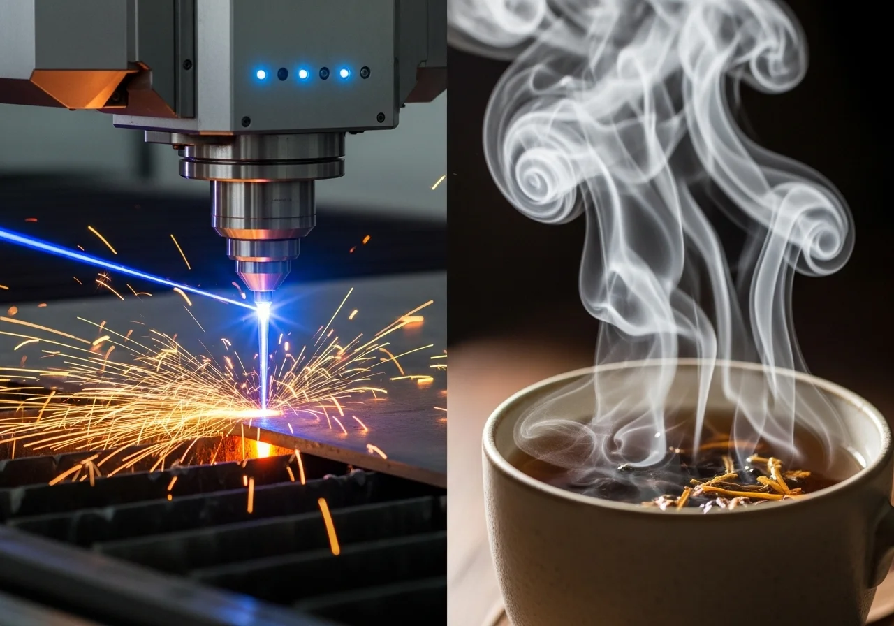 Srovnání uspořádané energie (laser) a neuspořádané energie (hrnek čaje)