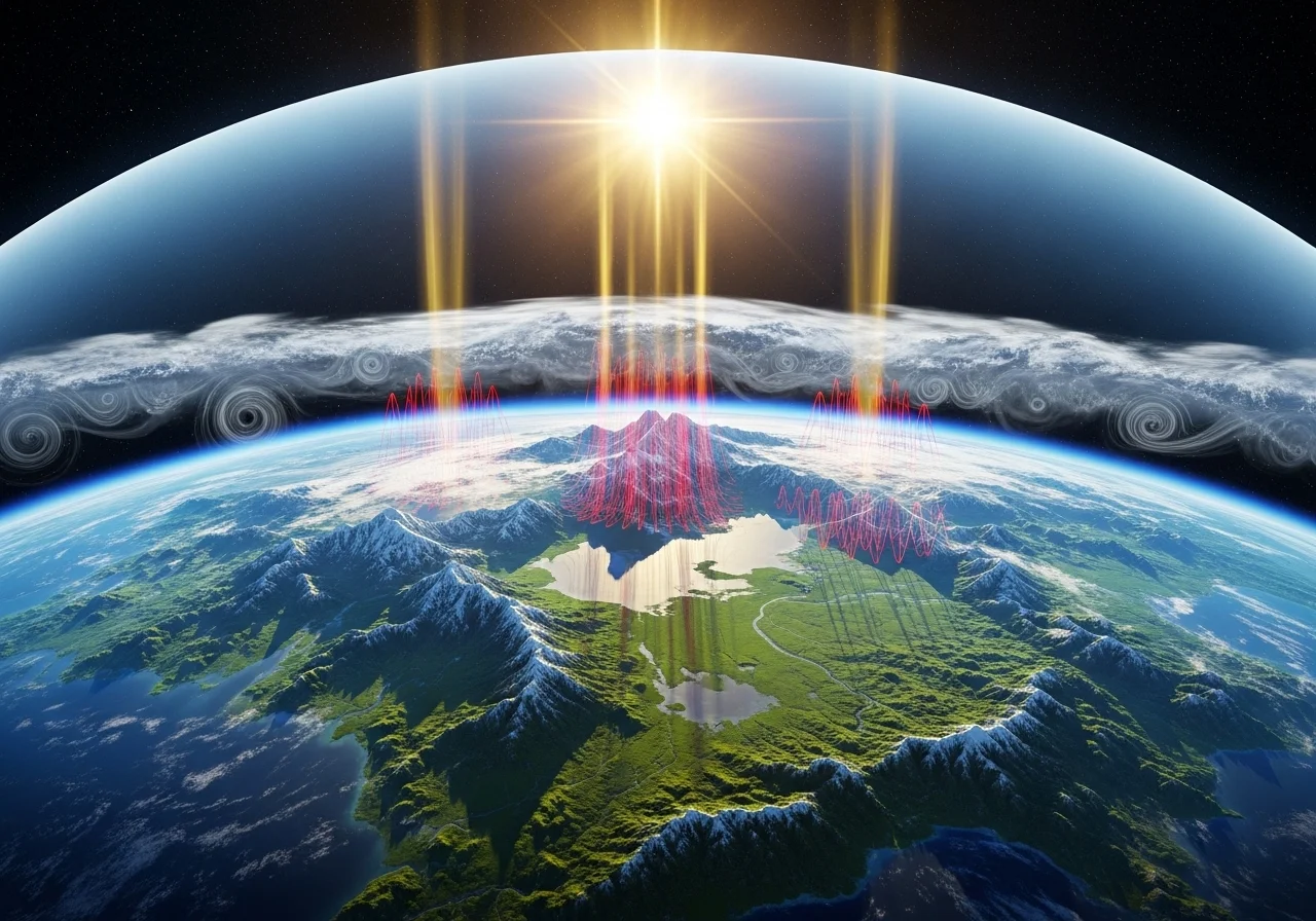 Vizualizace atmosféry jako skleněné kopule, která propouští sluneční světlo a částečně odráží infračervené záření zpět k Zemi.