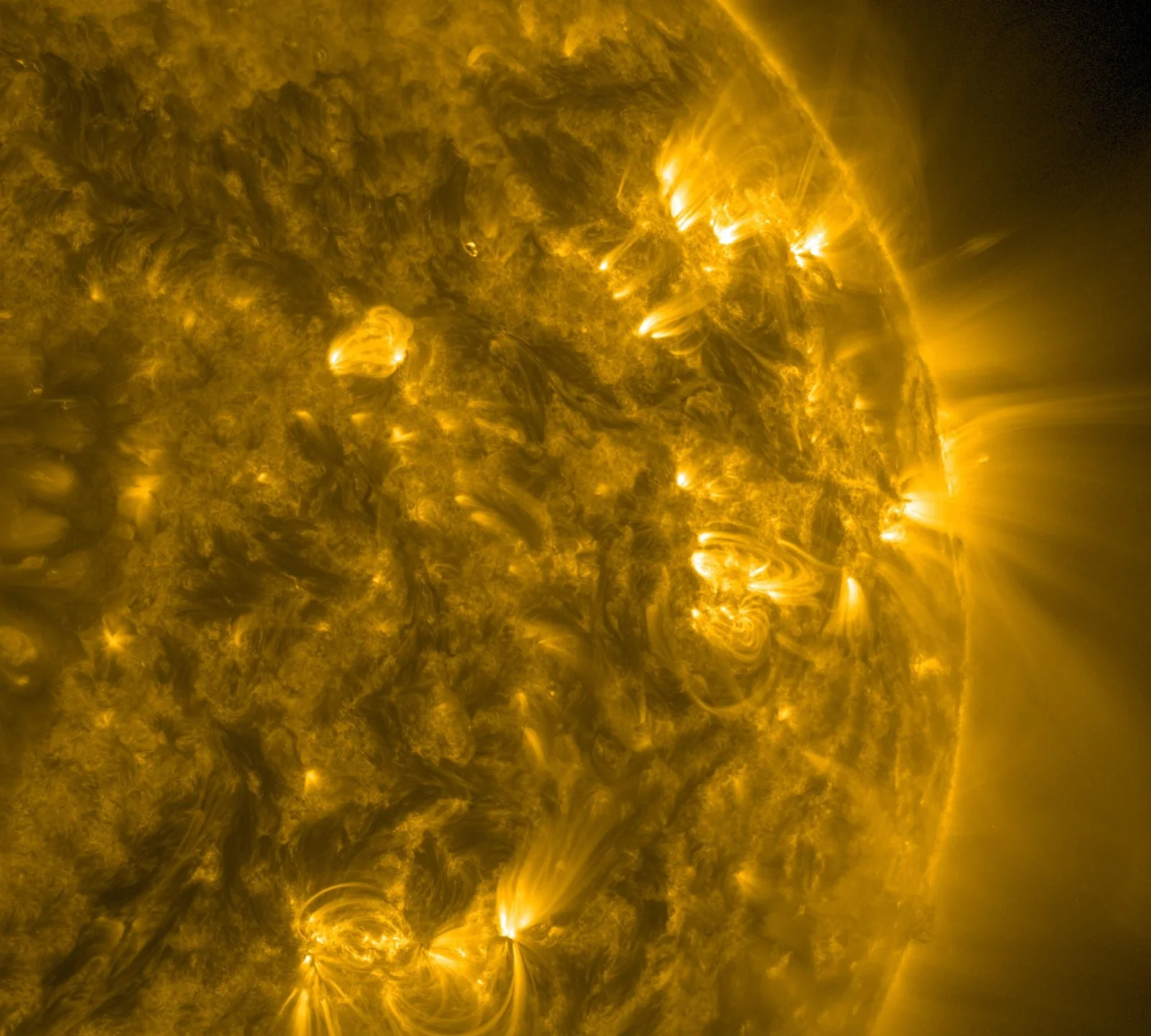 Detail povrchu Slunce zachycený sondou SDO, zvýrazňující oblasti silné magnetické aktivity.