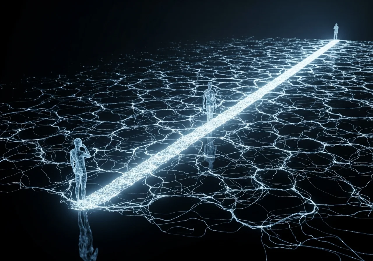 Ilustrační obrázek: Abstraktní scéna zobrazující mozek upřednostňující zkratku před složitou, ale správnou cestou poznání.