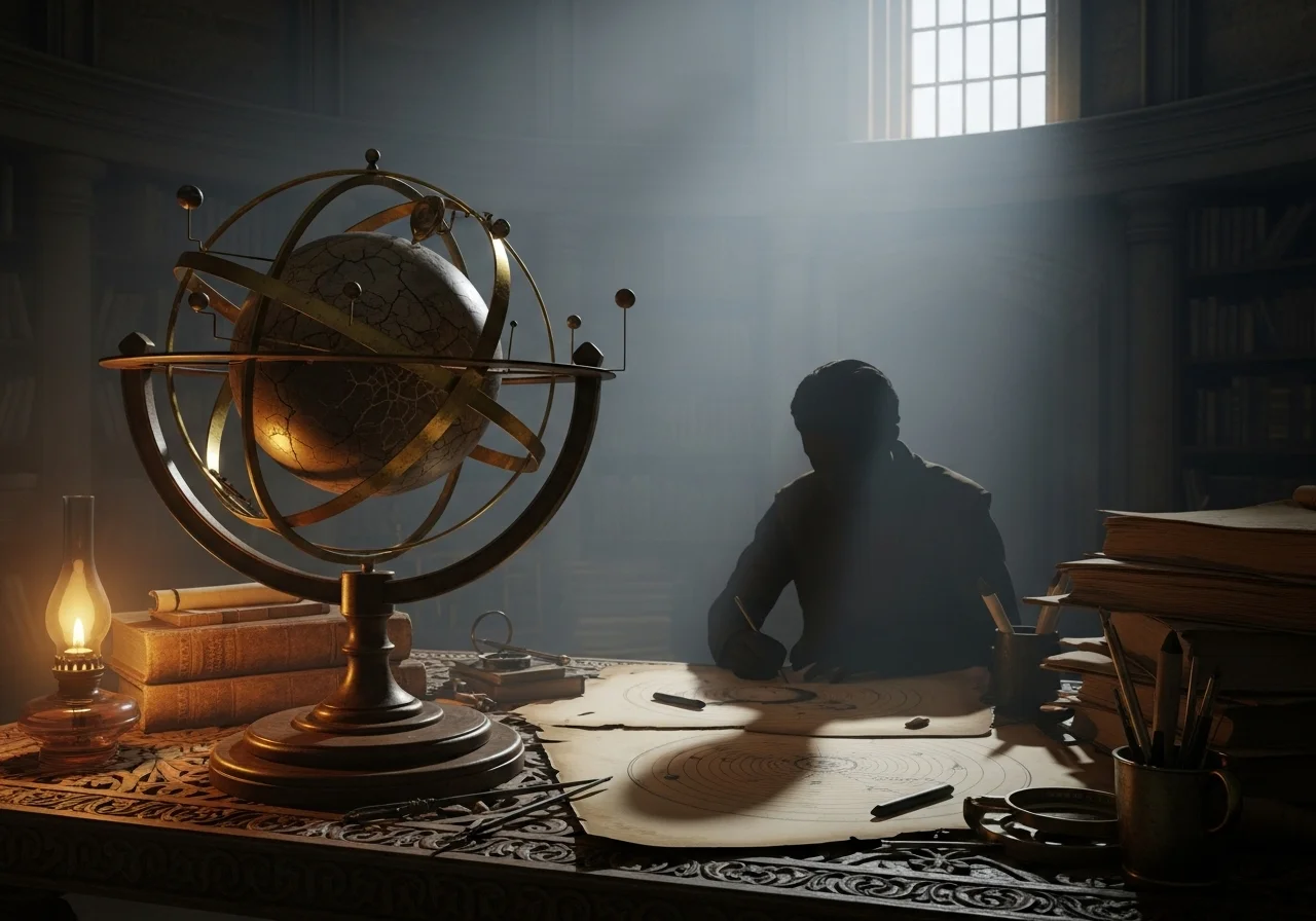 Scéna v observatoři, kde starý geocentrický model Země je nahrazen komplexnějším, ale správnějším heliocentrickým modelem.