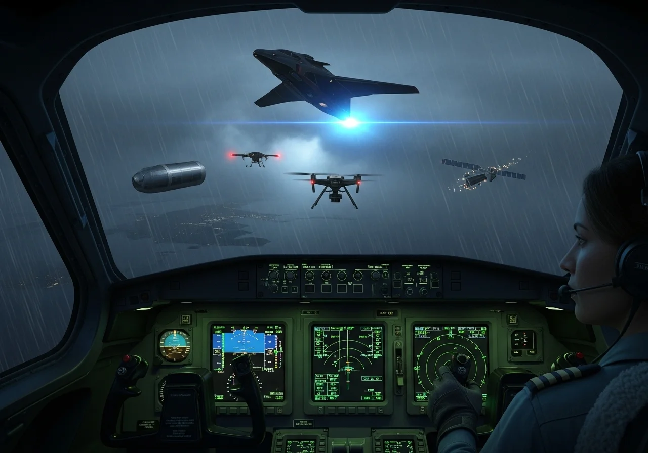 Pilot v kokpitu se dívá na neidentifikovaný objekt na obloze, zatímco dole jsou vidět možné prozaické a exotické vysvětlení, symbolizující volbu teorie.