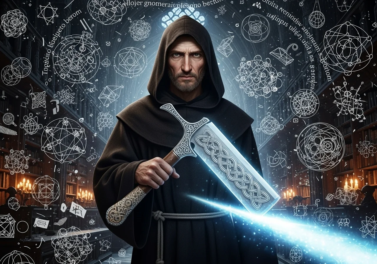 Ilustrační obrázek: Portrét Viléma z Ockhamu, mnicha ze 14. století, symbolicky držícího břitvu, která prořezává složité teorie v temné knihovně.