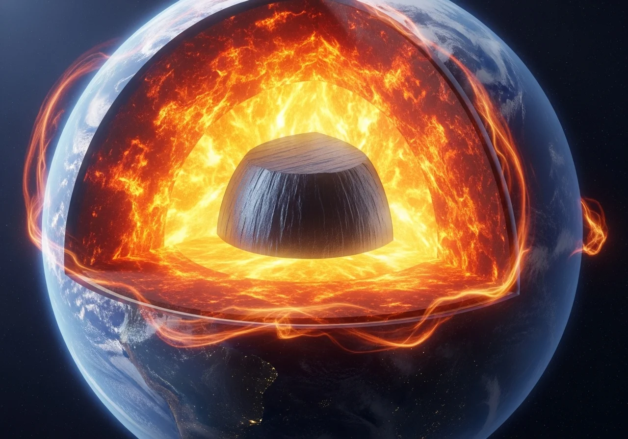 AI ilustrace porovnávající mylnou představu obřího pevného magnetu v jádře Země s realitou žhavého, tekutého železného jádra.