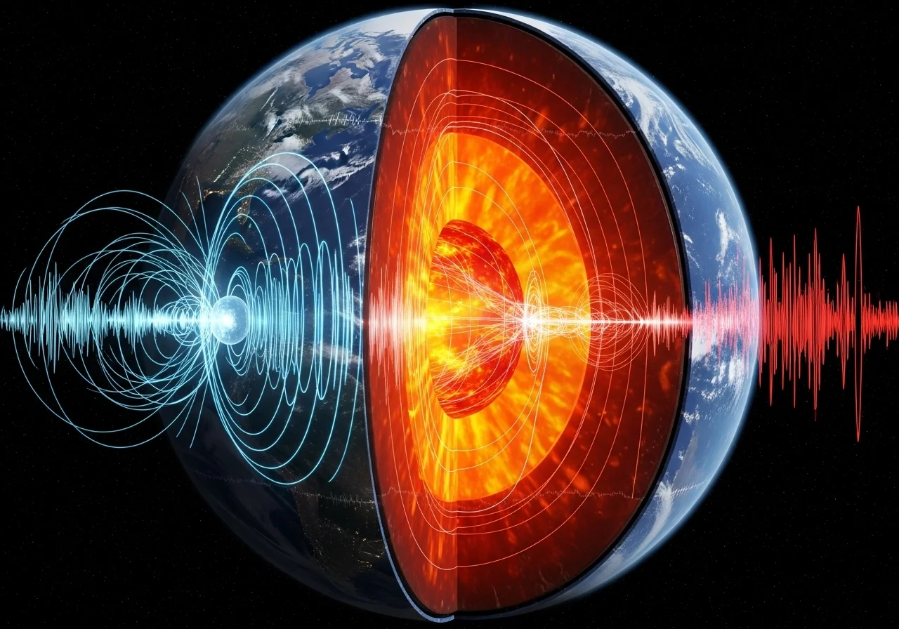 AI ilustrace: Pohled do nitra Země, kde seismické vlny P procházejí skrz tekuté jádro, zatímco vlny S jsou jím pohlceny.