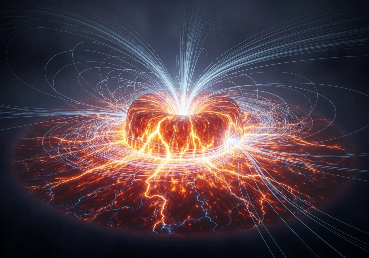 Generování obrovských elektrických proudů v zemském jádru a následné vytváření magnetického pole, vizualizace geodynama.