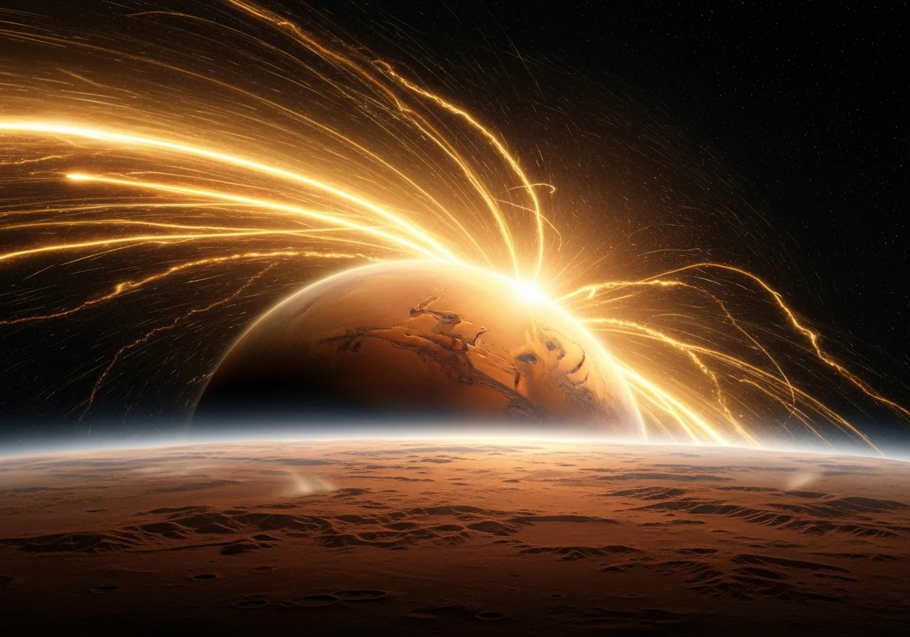 AI ilustrace: Mars ztrácí svou atmosféru, když je sluneční vítr unáší lehčí izotopy xenonu do vesmíru po ztrátě magnetického pole.