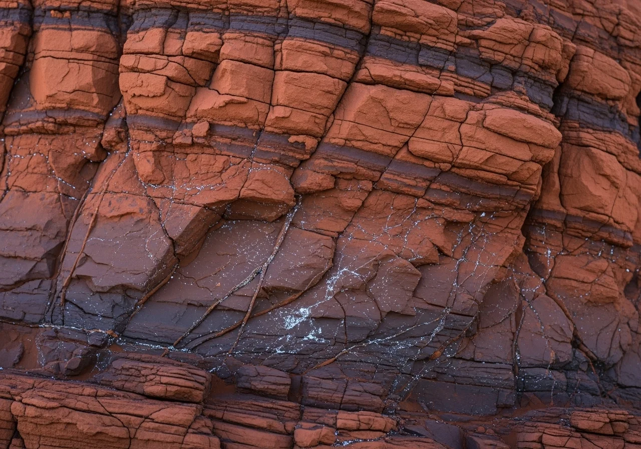 AI ilistrace: Detailní záběr na starobylou marsovskou horninu odhalující přirozené ložiska minerálů bohatých na KREEP, které obsahují thorium.