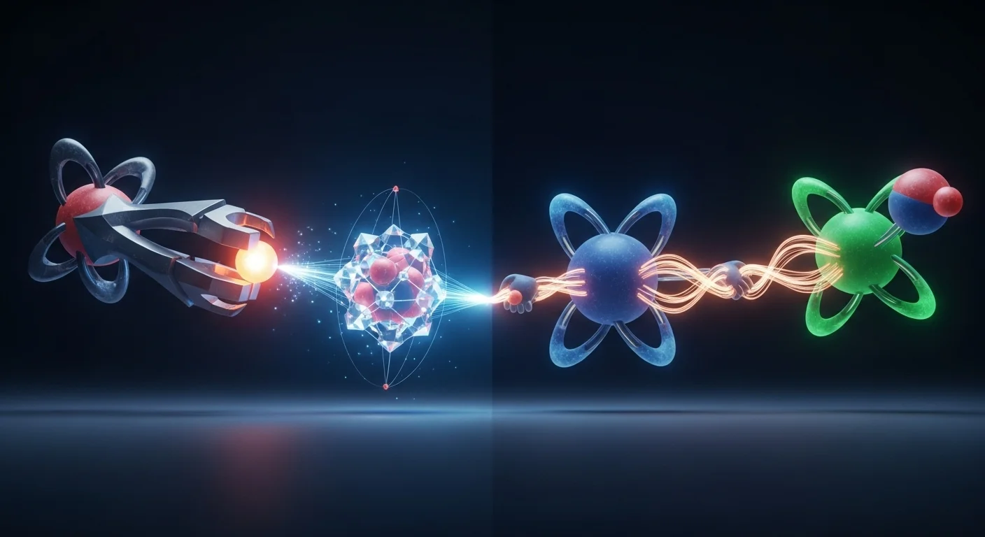 Dynamická scéna zobrazující iontovou vazbu jako krádež elektronu, kovalentní vazbu jako sdílení elektronů a energii potřebnou pro chemickou reakci.