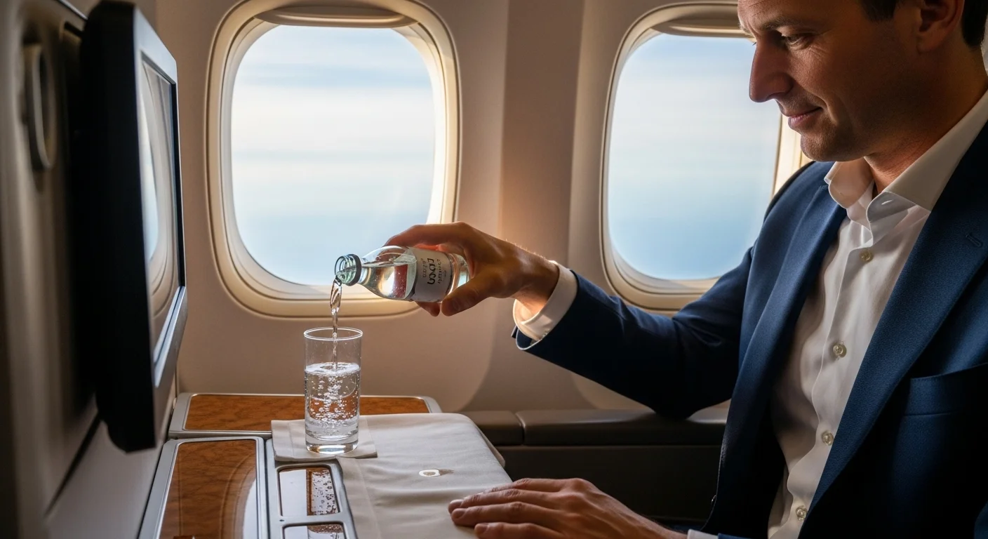 Pasažér v letadle klidně nalévá vodu do sklenice během stabilního letu, hladina vody je zcela nehybná.
