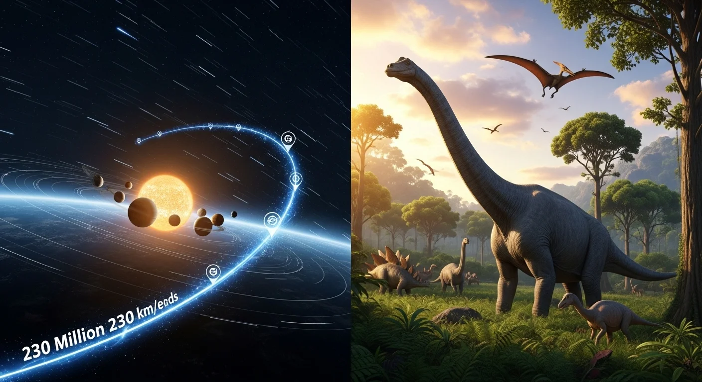 Dva panely zobrazující Sluneční soustavu letící vesmírem a na druhé straně Zemi s dinosaury, propojené časovou osou galaktického roku.