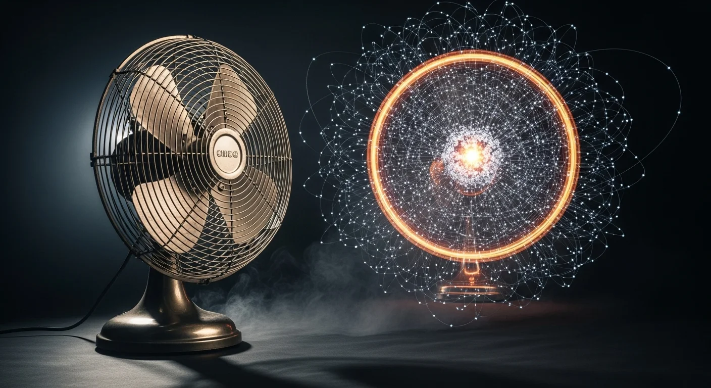 Ventilátor se statickými a rotujícími lopatkami se proměňuje v abstraktní zobrazení atomu s rychle se pohybujícími elektrony.