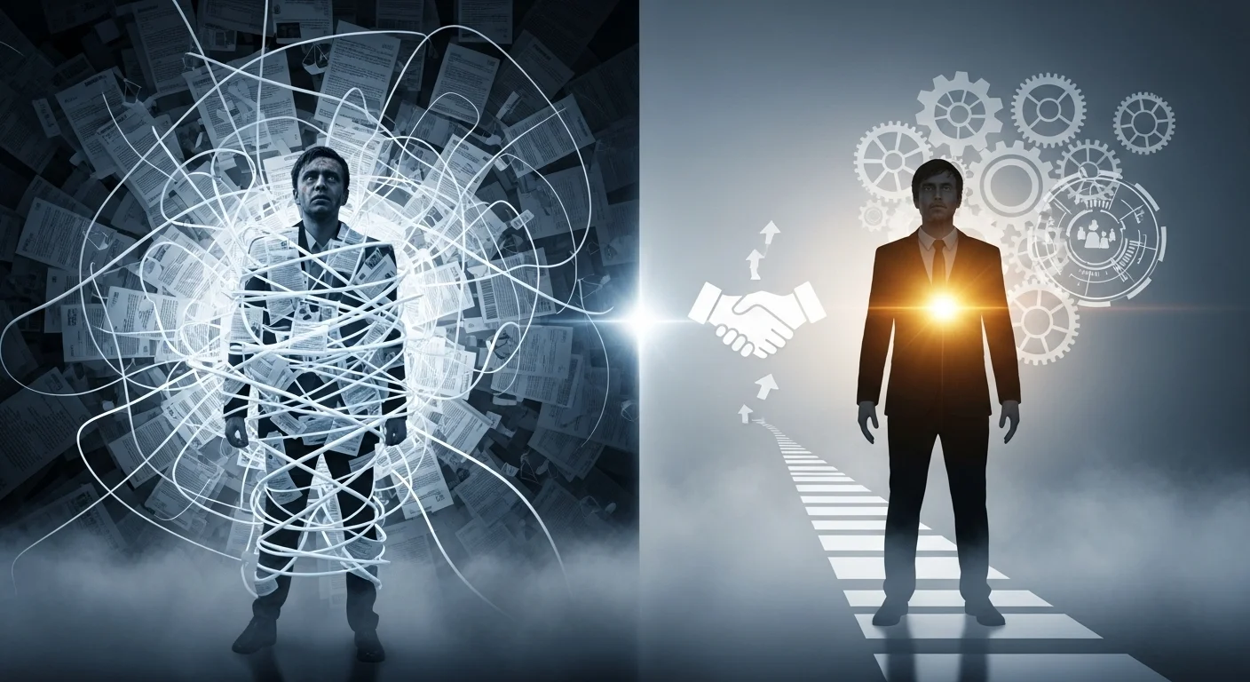 Kontrastní scéna ilustruje vyčerpávající spletitost nedůvěry na jedné straně a plynulou efektivitu založenou na důvěře na straně druhé.