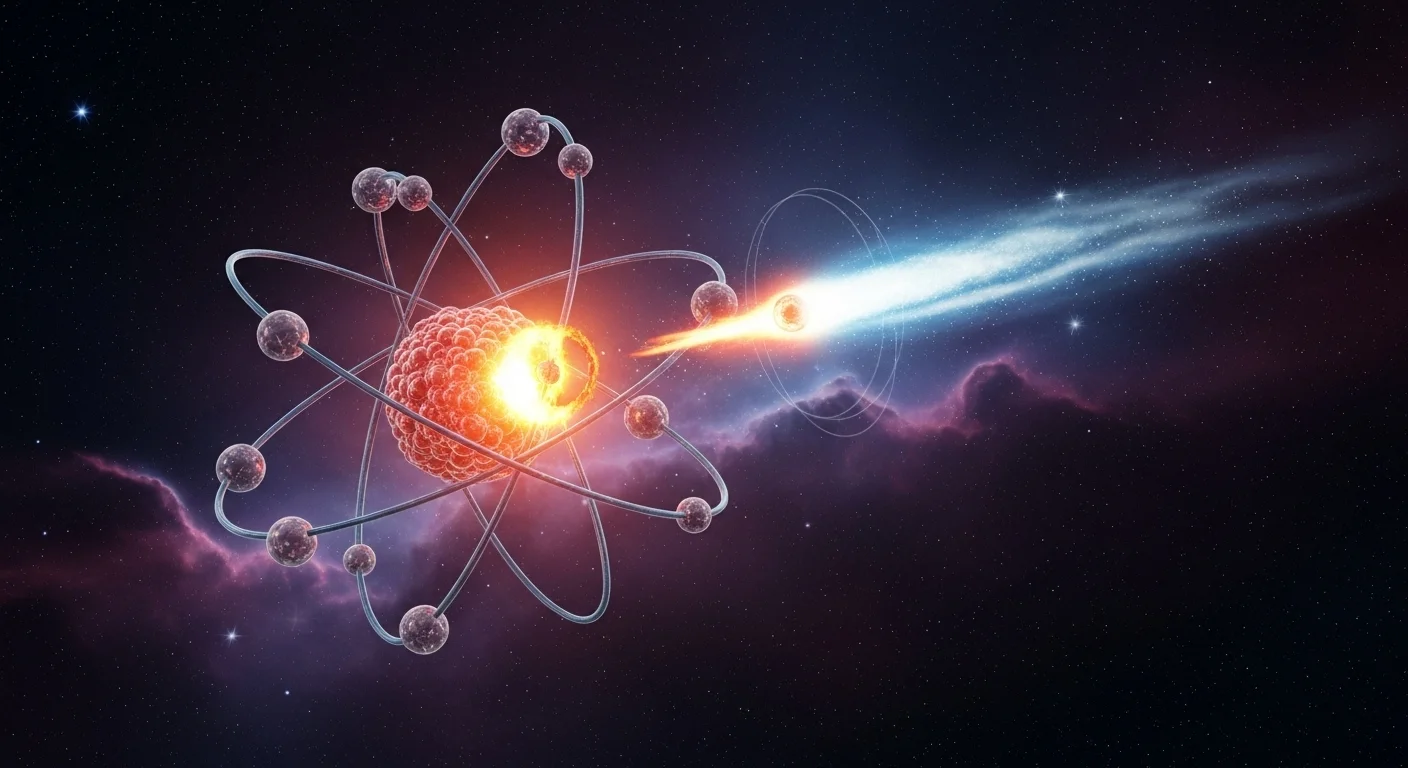 Vizuálně dramatické ztvárnění atomu, ze kterého je násilně odtržen elektron, což narušuje rovnováhu a vytváří kationt.