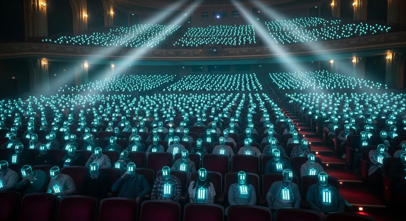 Téměř plný kinosál, kde zbývající světélkující ionty s obtížemi hledají poslední volná místa v tlačenici a horku.