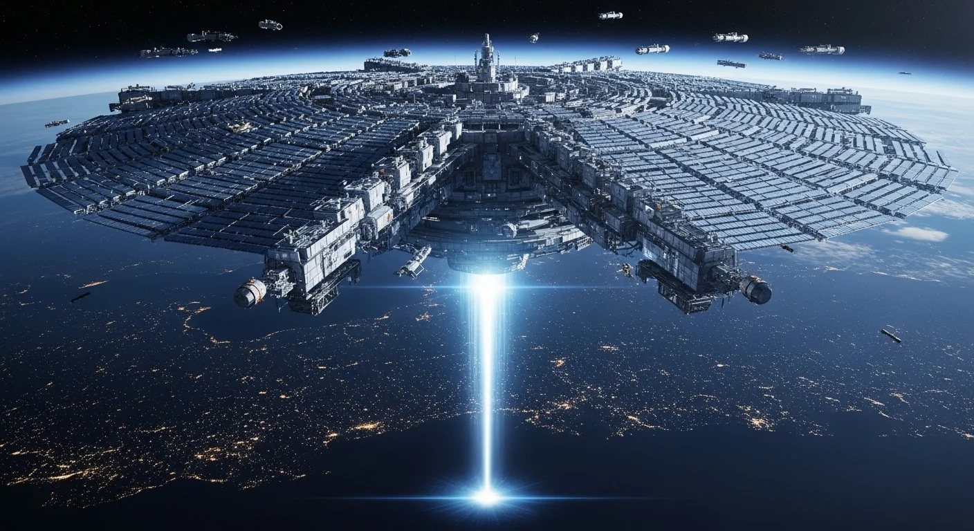 AI ilustrace - Obrovská modulární vesmírná elektrárna na oběžné dráze vysílá masivní energetický paprsek směrem k futuristickému městu na Zemi.