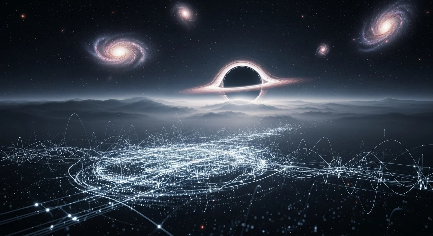 AI ilustrace - Kosmická scéna s černou dírou v pozadí a průhledným informačním otiskem člověka vetkaným do struktury časoprostoru.