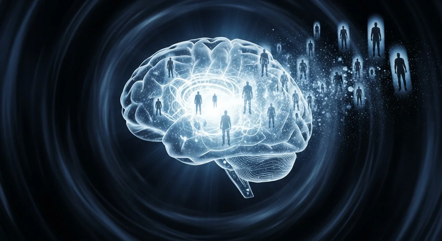 Ilustrace - Mozek vytváří iluzi ztracené osoby skrze své prediktivní mechanismy v temné, mlhavé scéně.