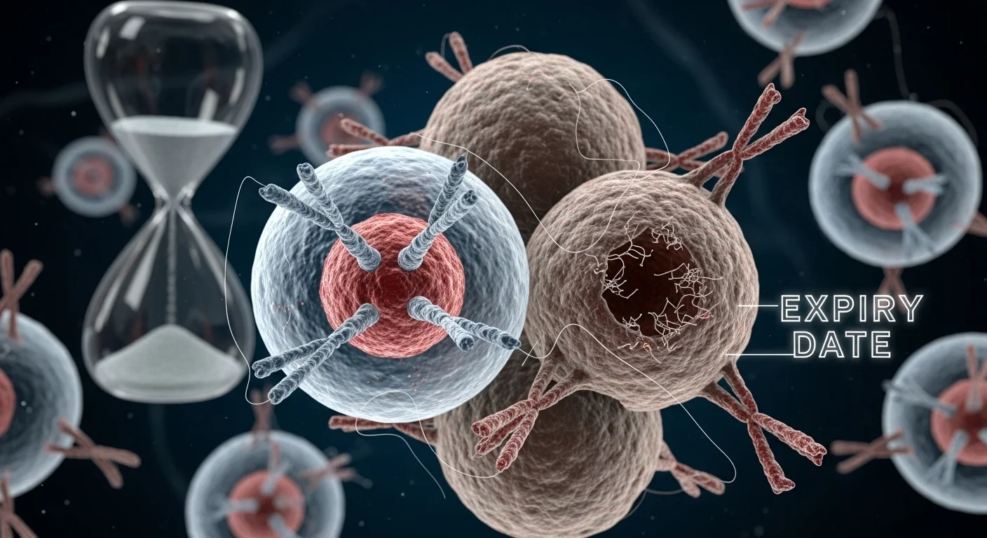 Skupina stárnoucích buněk s poškozenými konci DNA, které symbolizují přirozené opotřebení a zánik.