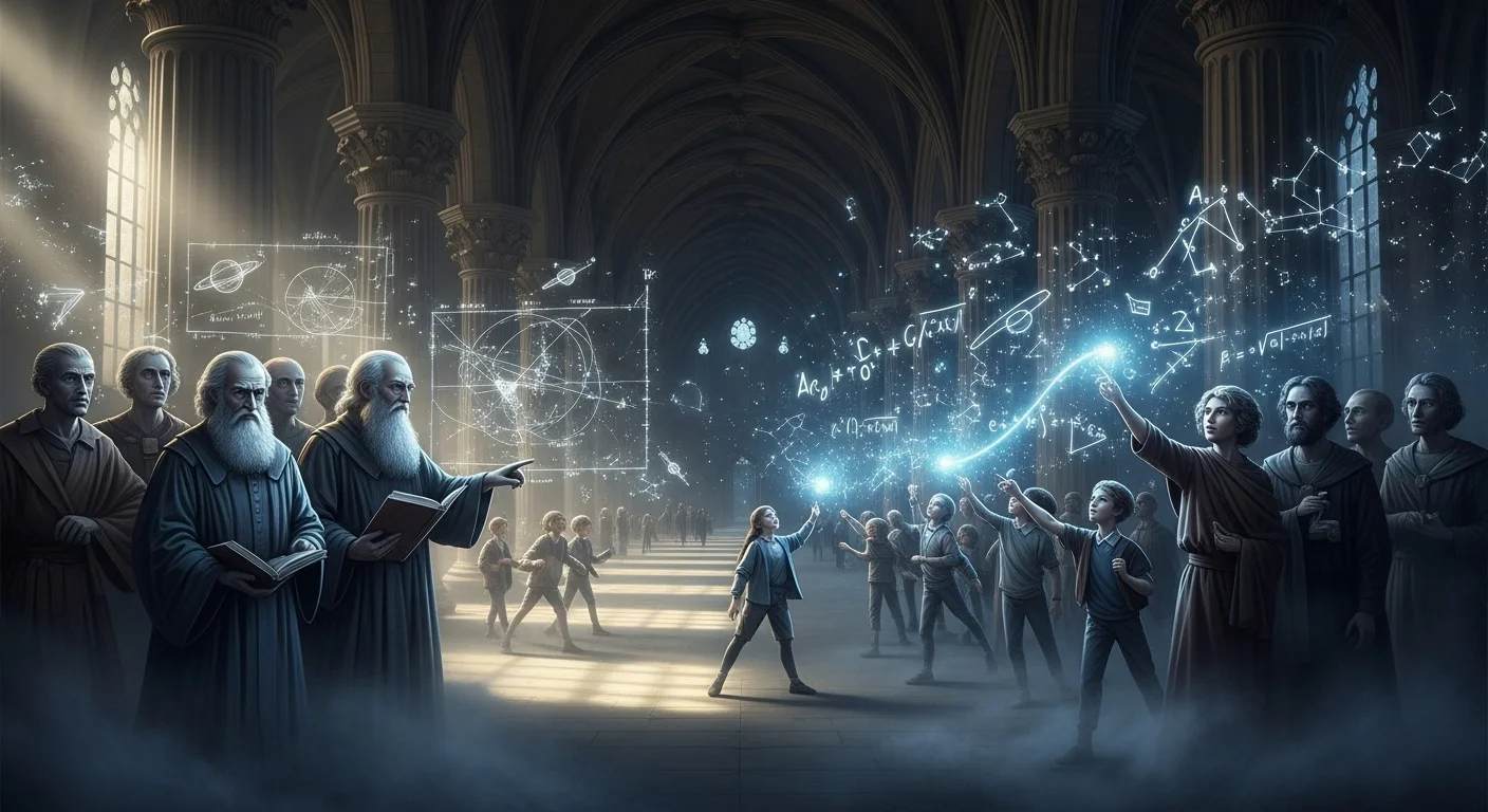 Alegorická scéna zobrazující staré vědecké dogmata mizící v mlze, zatímco nové generace objevují zářící poznatky.