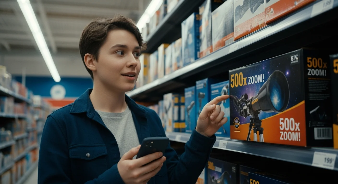 Člověk si v supermarketu prohlíží krabici levného dalekohledu s křiklavým nápisem 