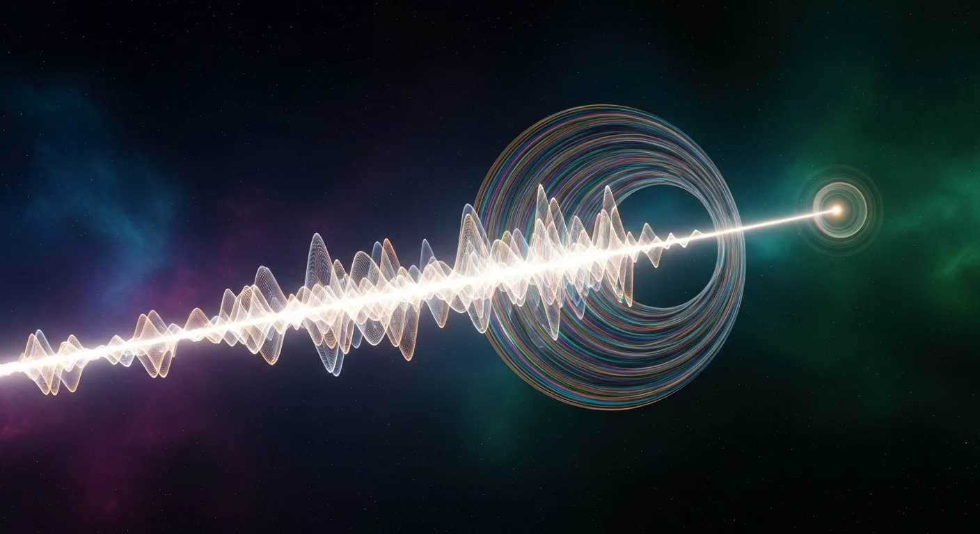Ilustrace světelné vlny procházející kruhovým otvorem, tvořící difrakční vzor a vzdálený, mírně rozmazaný Airyho disk.