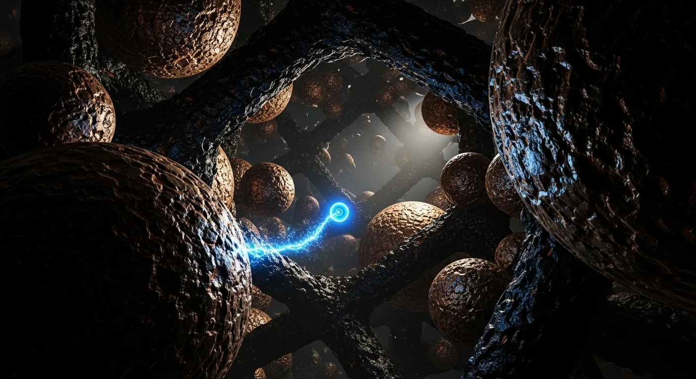 AI ilustrace - Jasný elektron se prodírá složitou a hustou strukturou atomů, která mu klade odpor.