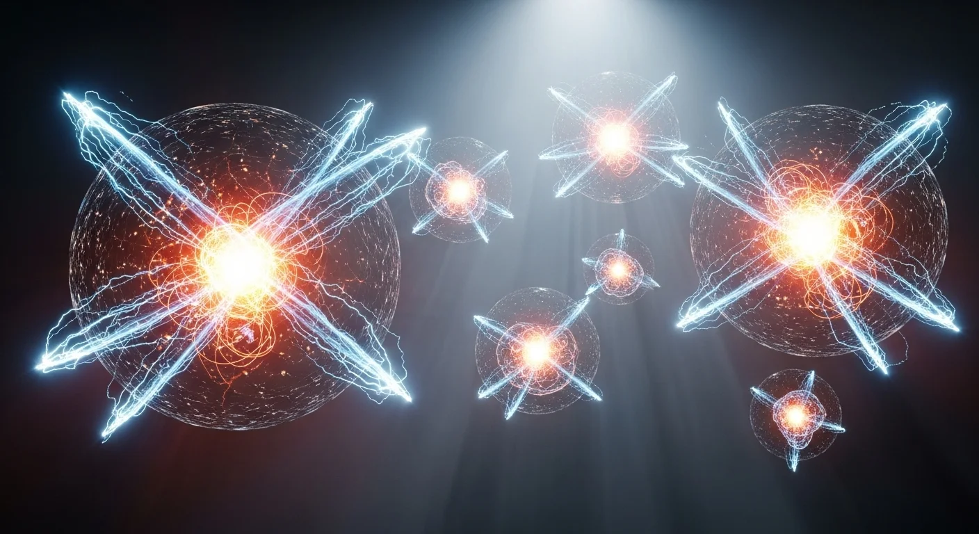 AI ilustrace - Mikroskopické zobrazení atomů intenzivně vibrujících a vyzařujících světlo a teplo.