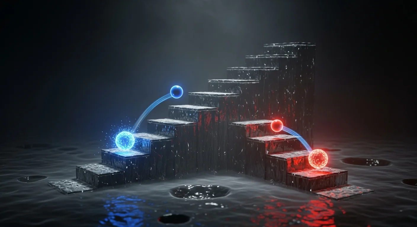 Vizualizace uvnitř polovodiče, kde elektrony padají z energetických schodů a emitují fotony různých barev.