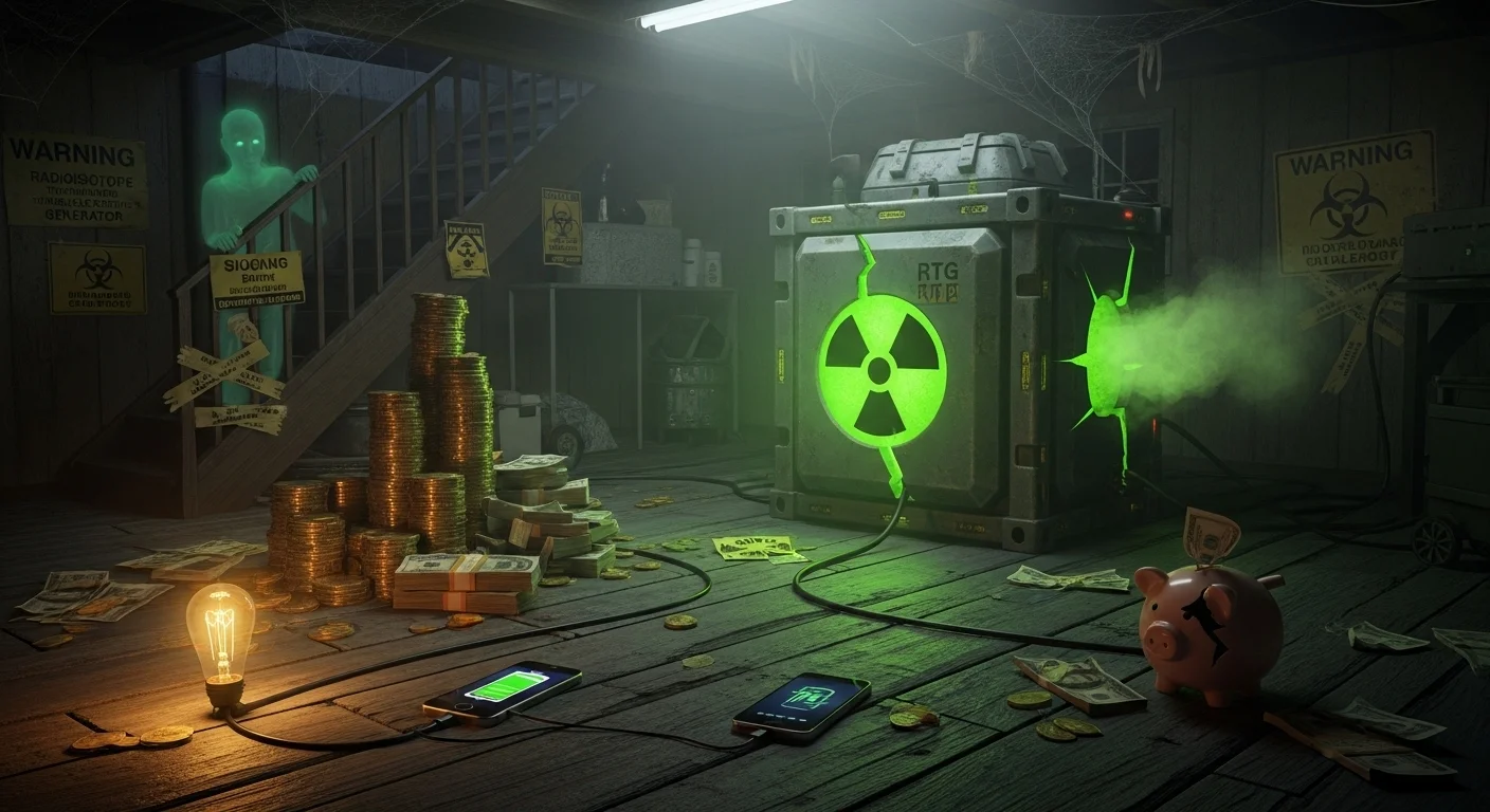 Absurdní scéna domácího sklepa s radioaktivním generátorem