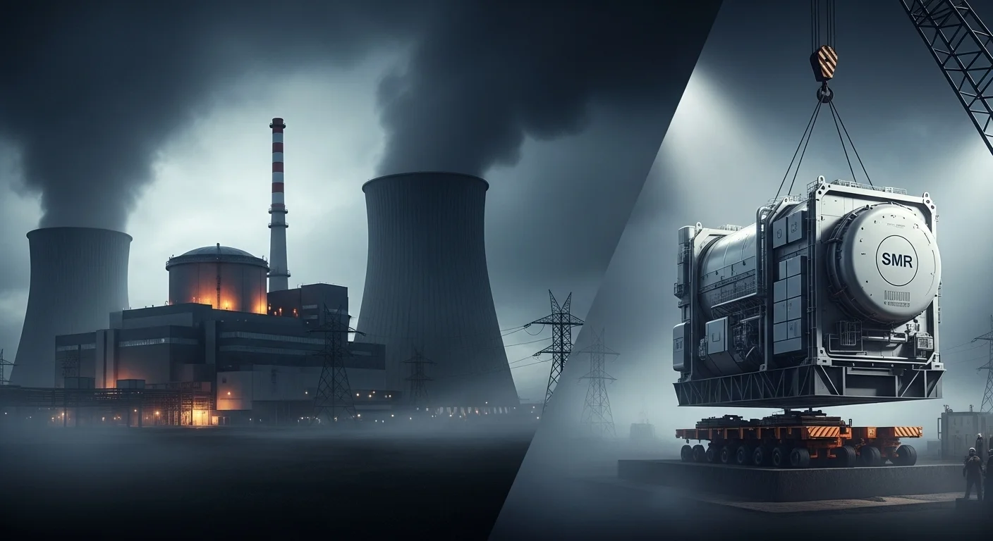 Ilustrace - Dramatické srovnání obrovské tradiční jaderné elektrárny s kompaktním, moderním malým modulárním reaktorem