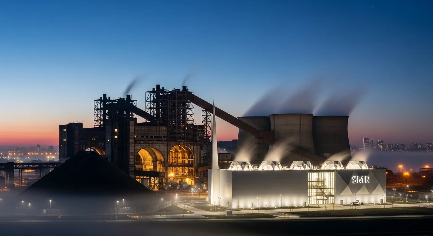 Ilustrace - Moderní modulární reaktor (SMR) nahrazuje starou uhelnou teplárnu, z níž stoupá jen čistá pára, symbolizující ekologickou budoucnost.
