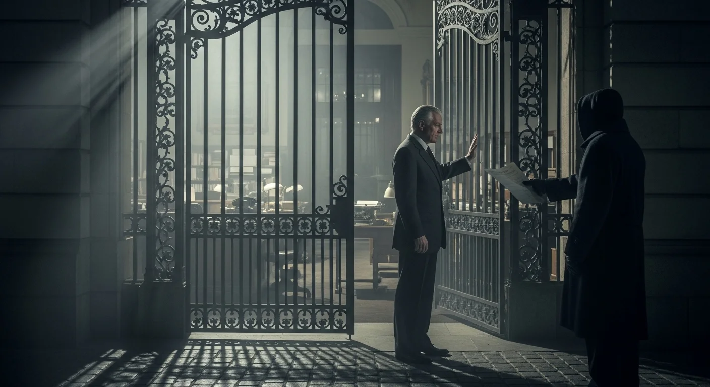 Majestátní brána střežená editorem, který s vážnou tváří odmítá vstup podivné postavě s dokumentem, symbolizující kontrolu médií.