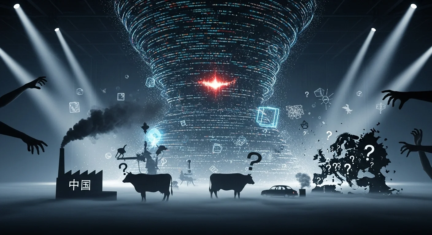 Obraz zobrazuje hrozivý digitální algoritmus servírující vizualizované mýty o změně klimatu, jako je role Číny, krav nebo Evropy.