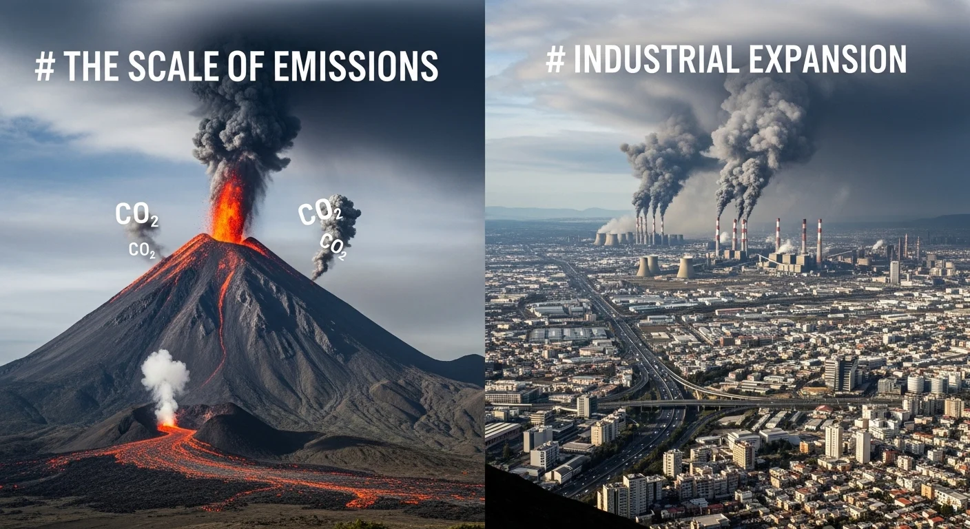 Srovnání malých emisí ze sopky s masivními emisemi z průmyslového komplexu, zdůrazňující lidský vliv.