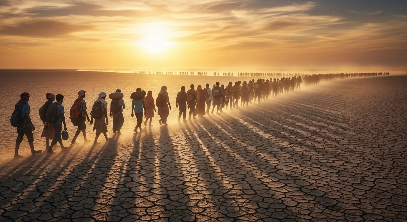 Obrovský proud klimatických migrantů putujících vyprahlou krajinou pod spalujícím sluncem s minimálním majetkem.