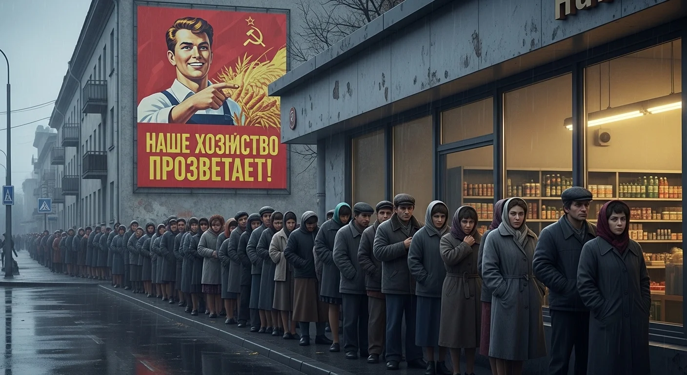 Lidé stojí v deštivé frontě před prázdným obchodem za socialismu, zatímco propaganda hlásá prosperitu.