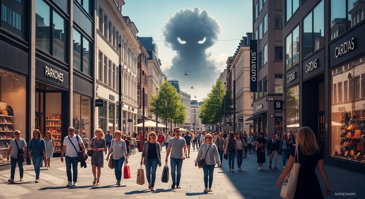 Moderní rušná ulice plná života a obchodů, nad níž se vznáší temný mrak symbolizující skrytou hrozbu.