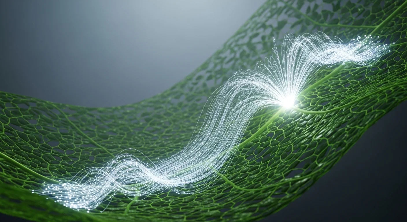 AI ilustrace - Světelný foton se v listu šíří jako vlna, současně prozkoumává všechny cesty a okamžitě nachází optimální trasu k reakčnímu centru.