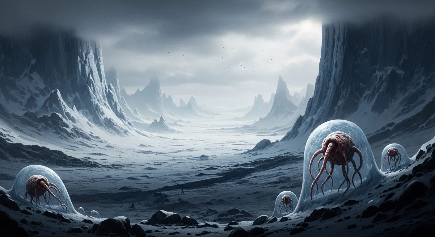 AI ilustrace - Země během Huronského zalednění, pokrytá obrovskými, temnými ledovými plochami a prázdnotou po vymření života.