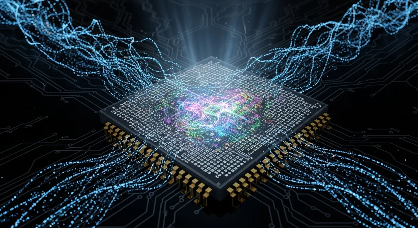 Procesor kde se binární data postupně načítají, dekódují a vykonávají složité instrukce.