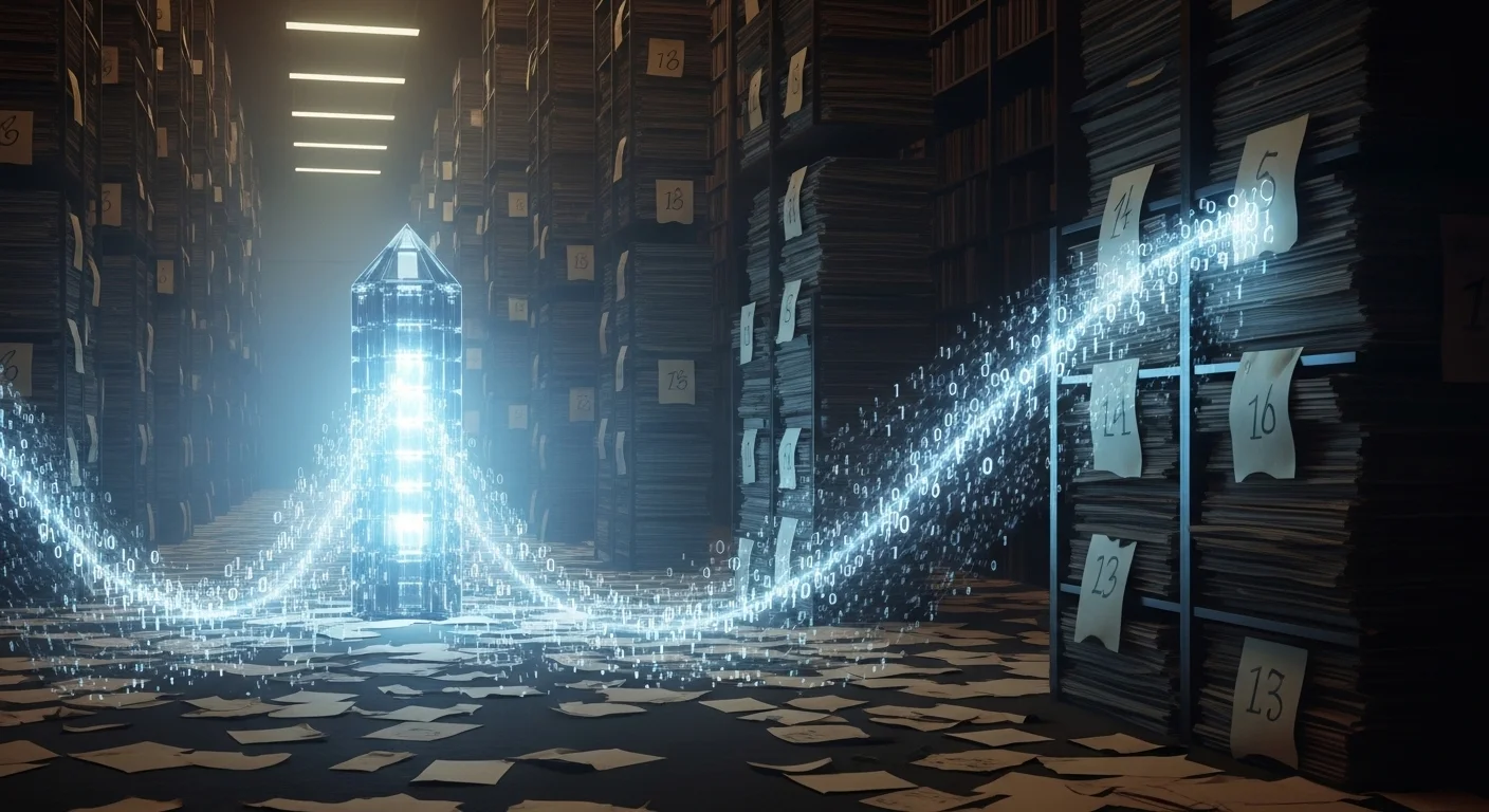 V rozlehlém, zchátralém archivu plném papírových dokumentů září futuristické datové úložiště, symbolizující přechod k digitálnímu světu.