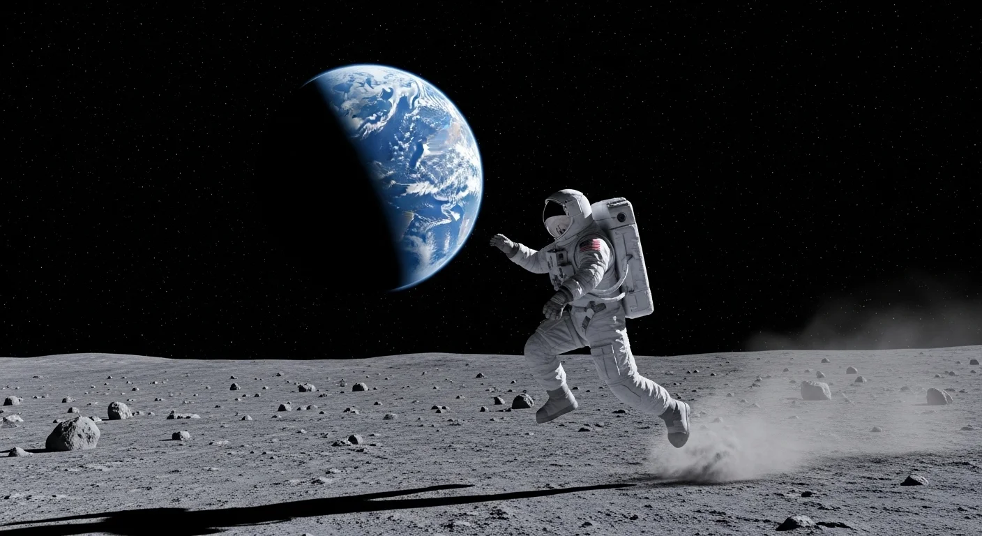 Astronaut skáče s nízkou gravitací na měsíčním povrchu