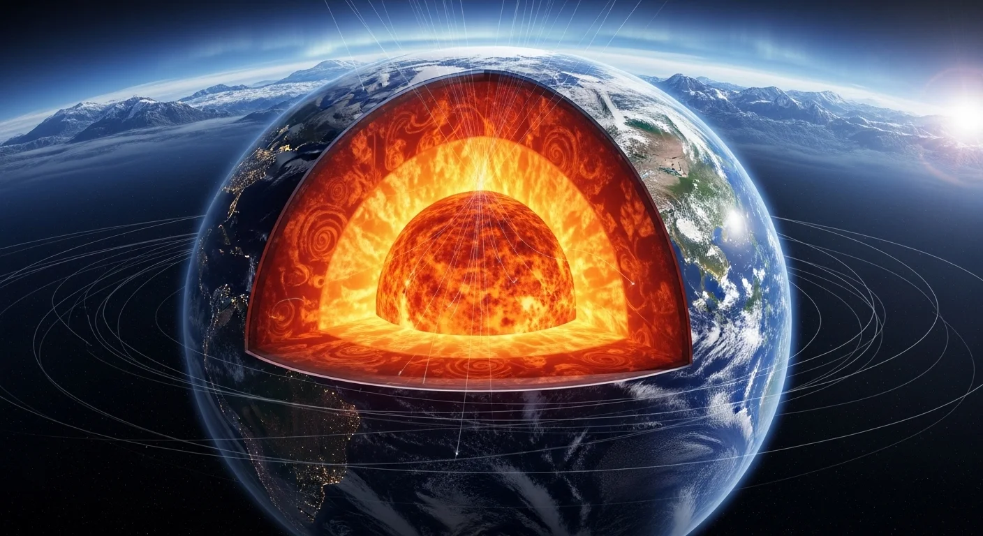 Průřez Zemí s žhnoucím jádrem a povrchem, symbolizujícími rozdílný průběh času.