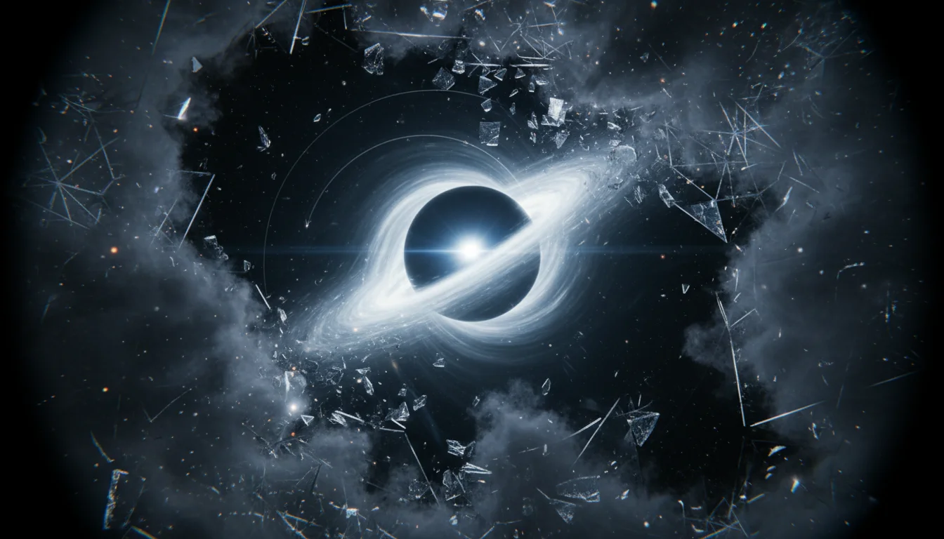 Mikroskopická černá díra pohlcující oslepující foton světla na hranici samotné existence v mlhavém vesmírném prostoru.