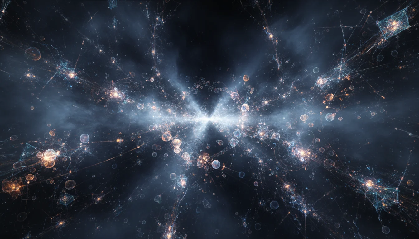 Abstraktní vizualizace kvantové pěny jako bublajícího chaosu časoprostoru v temném a mlžném prostředí s dramatickým světlem.